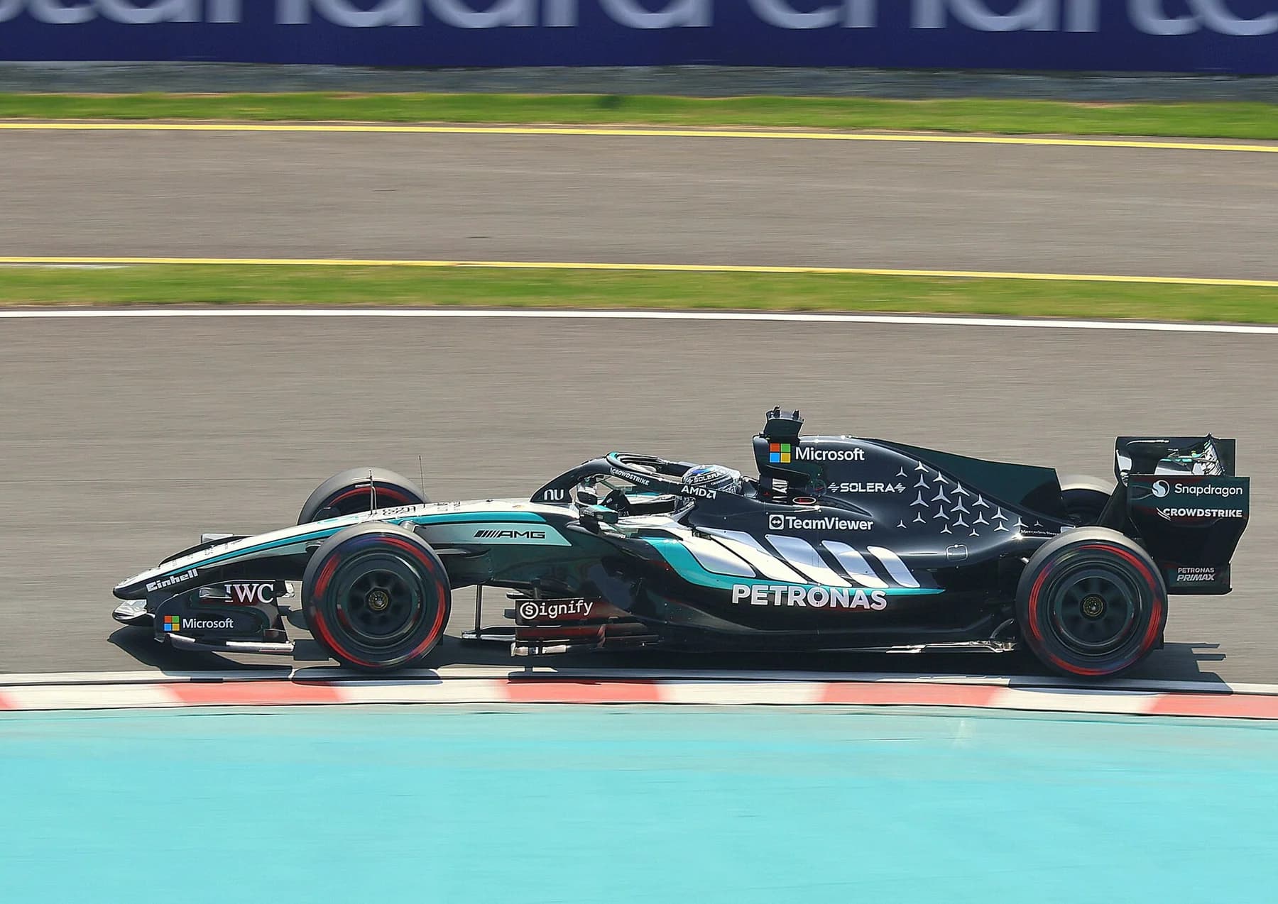 Russell exits the final chicane. Photographed during the 2026 Japanese Grand Prix weekend.