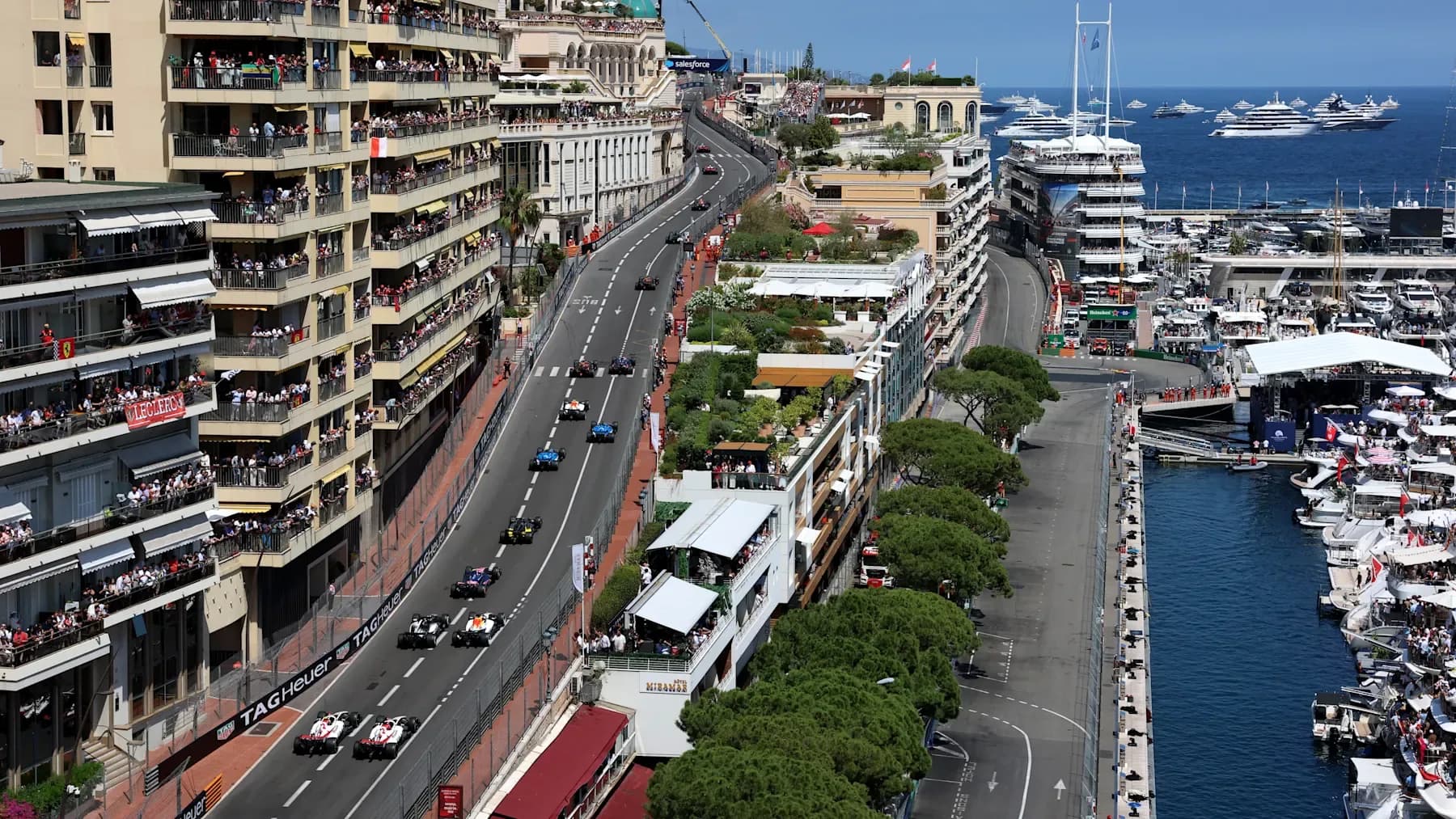 Cars run beside the harbour at the 2026 Monaco Grand Prix